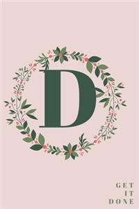 Monogram Initial Letter D Notebook with Rose Pink Floral Journal for Women, Girls Birthday Gift and School