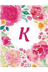 K - Pink Watercolor Floral Initial Journal (Flower Journals For Women)