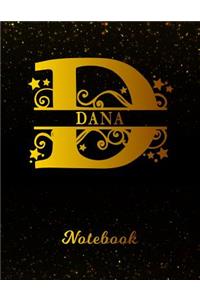 Dana Notebook: Letter D Personalized First Name Personal Writing Notepad Journal Black Gold Glittery Pattern Effect Cover Wide Ruled Lined Paper for Journalists & 