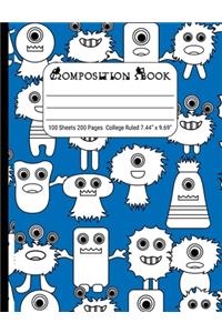 Composition Book College Rule: Journal Notebook for School Home or Work, White Monsters on Blue