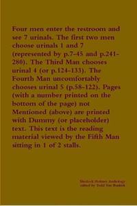 Four men enter the restroom and see 7 urinals. The first two men choose urinals 1 and 7 (represented by p.7-45 and  p.241-280). The Third Man chooses urinal 4 (or p.124-133). The Fourth Man uncomfortably chooses urinal 5  (p.58-122)...