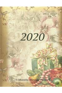 Large Print - 2020 - 15 Months Weekly Planner - Victorian Christmas - Holiday Gifts and Garland