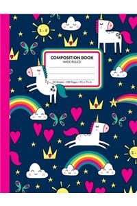 Composition Book Wide Ruled: Magical Unicorn Pattern School Notebook - 100 Blank Lined Writing Exercise Journal For Boys and Girls - Back To School Gift For Students