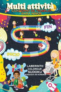 multi attività cuaderno de trabajo para niños. laberinto colorear sudoku búsqueda de números