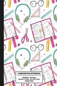 Composition Notebook College Ruled: Trendy Back to School Pretty Pink Headphones Patterned Lined Pages with Margin Book for Girls