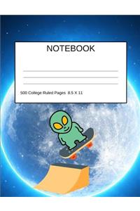 Notebook: Alien Skateboarding Moon Jump Journal 500 College Ruled Pages 8.5 X 11