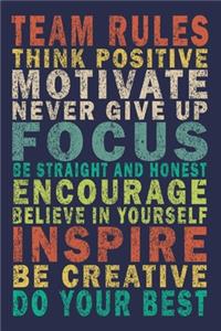 Team Rules Think positive Motivate Never give up Focus Be straight and honest Encourage Believe In Yourself Inspire Be creative Do your best