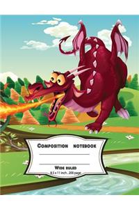 Composition notebook wide ruled 8.5 x 11 inch 200 page, Cute dragon on fired