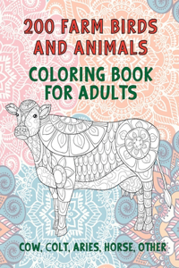 200 Farm Birds and Animals - Coloring Book for adults - Cow, Сolt, Aries, Horse, other