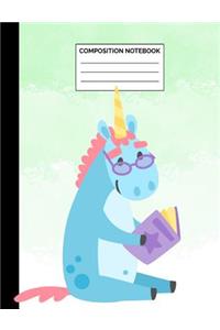 Composition Notebook: Blue Unicorn with Glasses Reading Wide Ruled Lined Note Book - Cute Exercise Book & Journal with Lines for Kids, Teens, Students or Teachers to Writ