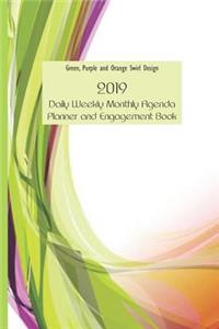 Green, Purple and Orange Swirl Design 2019 Daily Weekly Monthly Agenda Planner and Engagement Book