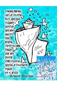 conchas marinas libro de colorear En el agua azul relajante divertido para niños adultos casa hospital reposo en cama trabajo usar para Decorar como recuerdo tarjetas de felicitación regalar por el artista Grace Divine