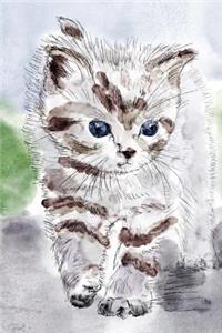 Little Brown and White Striped Kitten with Blue Eyes Watercolor Illustration Journal