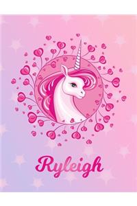 Ryleigh: Unicorn Large Blank Primary Handwriting Learn to Write Practice Paper for Girls - Pink Purple Magical Horse Personalized Letter R Initial Custom Fir