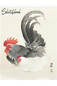 Sketchbook: Japanese Art Rooster and Hen, Large Blank Pages of White Paper Good for Drawing, Sketching & Doodling