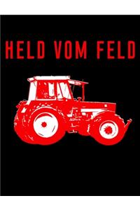 Held vom Feld: blanko A4 Notizbuch mit einem roten Traktor für einen Landwirt in der Landwirtschaft