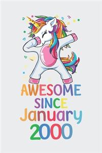 Awesome Since January 2000 Notebook Unicorn Dabbing, Birthday Unicorn, Cute Happy Birthday Dabbing Unicorn Birthday Gift