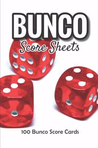 Bunco Score Sheets: 100 Score Cards for all Game Lovers 101 pages, 6"x9" Paperback Bunco Party Supplies, dice game on the cover: white background with photo of three re