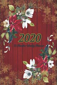 Large Print - 2020 - 15 Months Weekly Planner - Victorian Christmas - Red Weathered Wood with Poinsettia Flowers