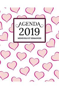 Agenda 2019 Mensuel Et Semainier: Blanc, Rose or Coeur Motif Couverture - Calendrier, Organisateur, Objectifs Et Liste de Souhaits - Janvier À Décembre 2019