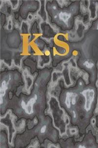 K.S.: 6" x 9" Executive Style Notebook with 100 Blank CREAM COLORED Lined Interior Pages. Gold Monogrammed Two Initials on Black Marble Matte Printed Cove