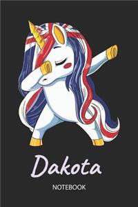 Dakota - Notebook: Blank Lined Personalized & Customized Name Great Britain Union Jack Flag Hair Dabbing Unicorn Notebook / Journal for Girls & Women. Funny Unicorn Ac