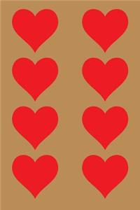 100 Page Unlined Notebook - Red Hearts on Tan
