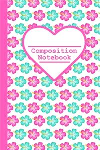 Composition Notebook: Aqua and Pink Flowers, 100 Pages, 6x9 inch, college ruled.