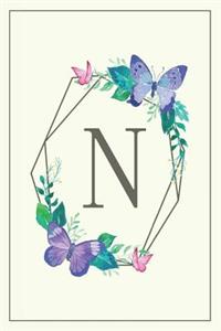 N: Elegant Monogram Initial Blank Lined Journal Notebook for Women and Girls (Butterfly Frame)