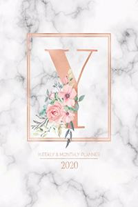 Weekly & Monthly Planner 2020 Y: Rose Gold Marble Monogram Letter Y with Pink Flowers (7.5 x 9.25 in) Horizontal at a glance Personalized Planner for Women Moms Girls and School