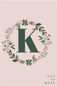 Monogram Initial Letter K Notebook with Rose Pink Floral Journal for Women, Girls Birthday Gift and School