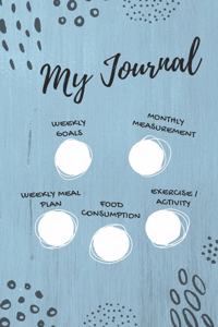 My Journal, Weekly goals, Monthly measurement, Weekly meal plan, food consumption, exercise/activity