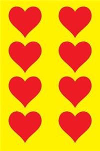 100 Page Unlined Notebook - Red Hearts on Yellow