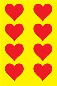 100 Page Unlined Notebook - Red Hearts on Yellow