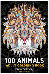 100 animals.Adult Coloring Book.stress relieving