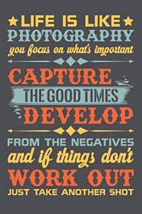 Life Is Like Photography You Focus On What's Important Capture The Good Times Develop From The Negatives And If Things Don't Work Out Just Take Another Shot