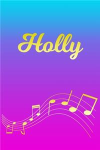 Holly: Sheet Music Note Manuscript Notebook Paper - Pink Blue Gold Personalized Letter H Initial Custom First Name Cover - Musician Composer Instrument Com