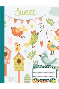 Composition Notebook Wide Ruled Cute Bird Green Garden, Writer's Notebook for School / student / office / teacher