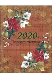 Large Print - 2020 - 15 Months Weekly Planner - Victorian Musical Christmas - Red Weathered Wood with Poinsettia Flowers