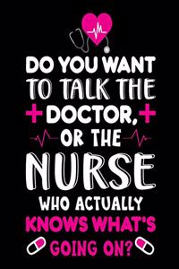 Do you want to talk doctor, or the nurse who actually knows what's going on?