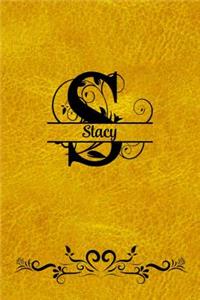 Split Letter Personalized Name Journal - Stacy: Elegant Flourish Capital Letter on Gold Leather Look Background