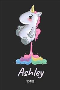 Ashley - Notes: Noms Personnalisé Carnet de notes / Journal pour les filles et les femmes. Kawaii Licorne pétant arc-en-ciel. Accessoires de licorne amusants et fou