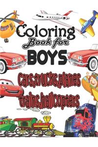 coloring book for boys cars, trucks, planes, traines, halicopters