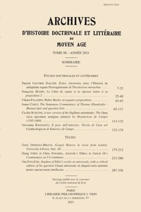 Archives d'Histoire Litteraire Et Doctrinale Du Moyen Age LXXXVIII - 2021