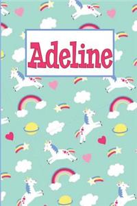 Adeline: Personalized Named Unicorn Journal Notebook Pretty Magical Rainbows & Hearts Cover for Women and Girls Lined Pages