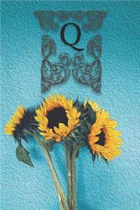 Q: Monogram Sunflower Floral Oil Painting Notebook Journal Blank Lined Wide Rule Gift for Sunflower Lovers