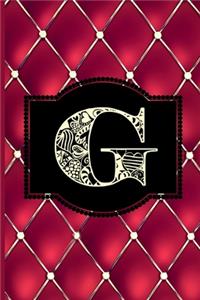 G: Monogram Journal or Diary. Captivating Ruby Red and Gold Diamond Design with a Decorative Uppercase Initial with Texture & Charm on a Vintage Black 