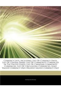 Articles on Currency Lists, Including: List of Currency Units, List of Central Banks, List of Community Currencies in the United States, List of Canad