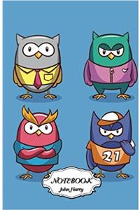 Notebook Journal Dot-grid, Four Drawings of Owls