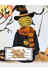 Just A Basic Witch: Funny Halloween Notebook - Trumpkin With Hooded Outfit, Witchcraft Hat, Scarf, Magic Stick & Black Cat - 8.5x11 Inches Black Lined Composition Notep